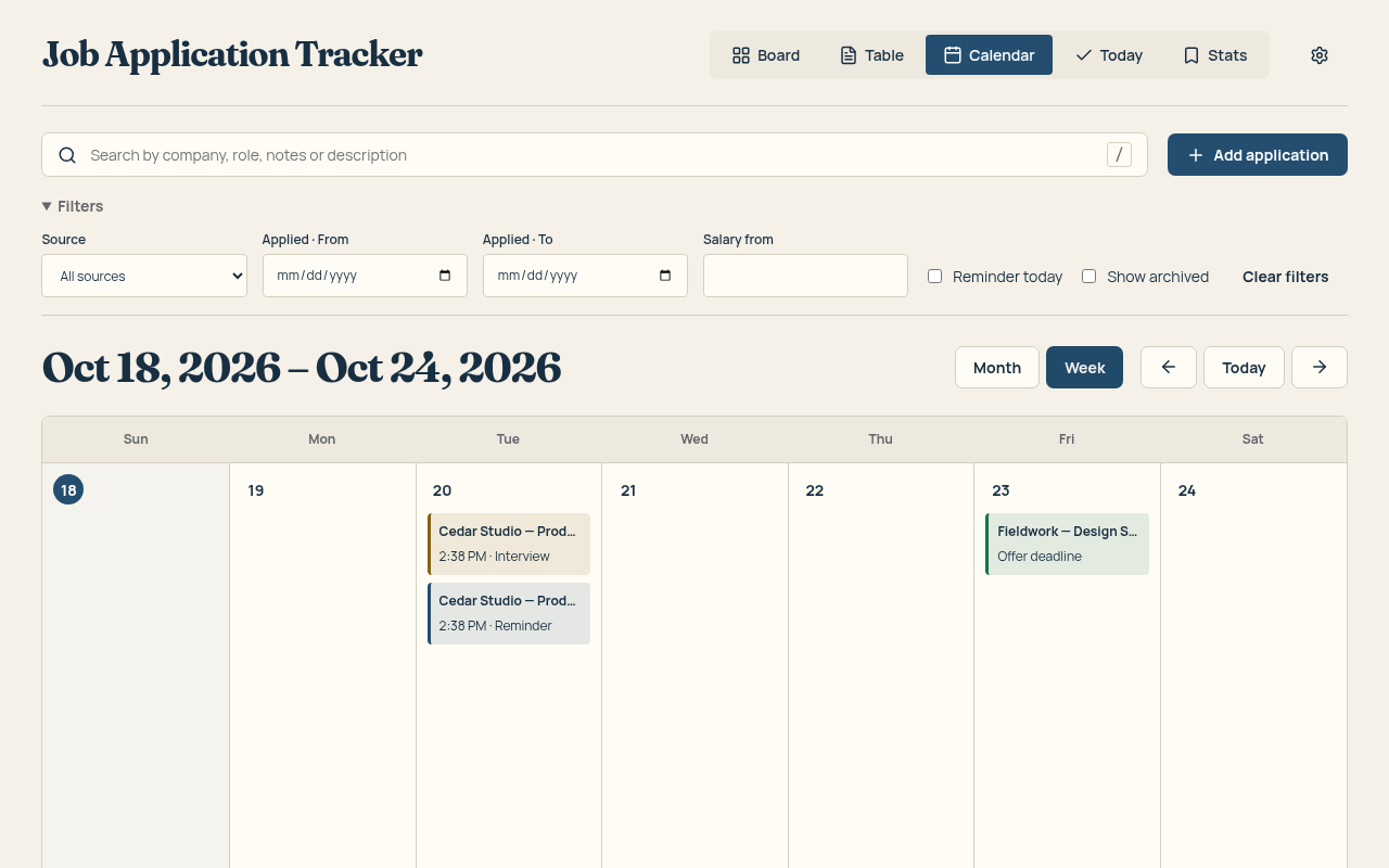 Calendar with upcoming interviews and reminders