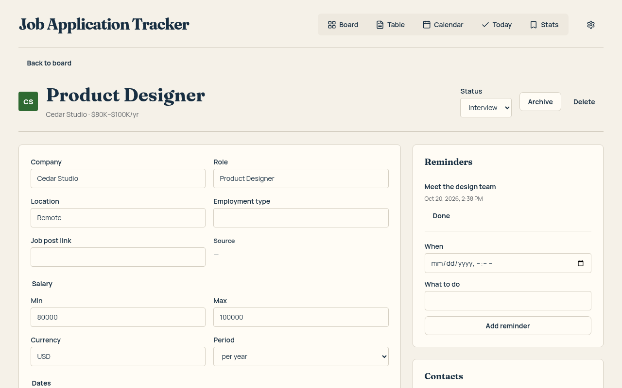 Job card with saved role details and notes